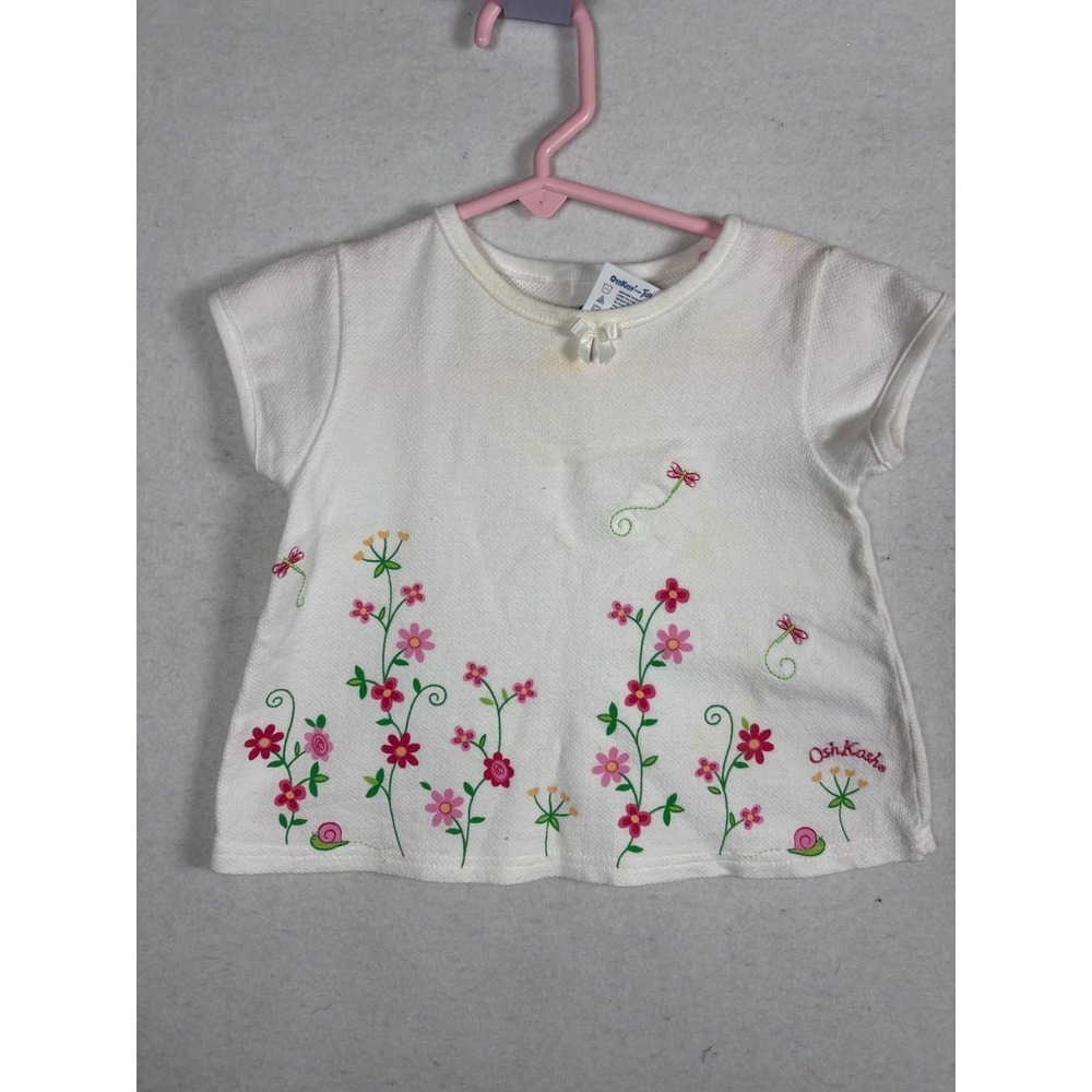 OshKosh B'gosh Baby Girl White Embroidered Floral Butterfly T-Shirt 12 Months